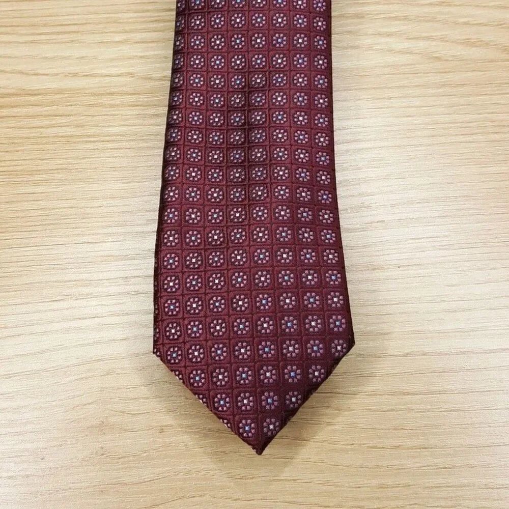 BAR III Mens Neck Tie Burgundy Micro Floral Geometric Slim Skinny